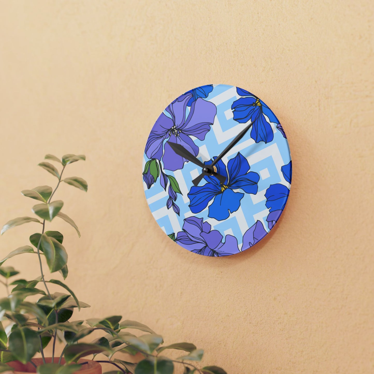Blue Bloom Acrylic Wall Clock – 8” x 8”