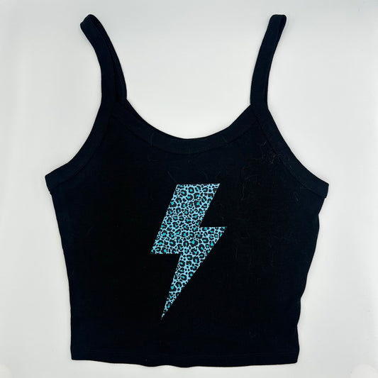 Leopard Lightning Bolt Crop Top, Womens Black Tank, 90s Grunge Y2K Aesthetic, Rocker Festival Clubwear